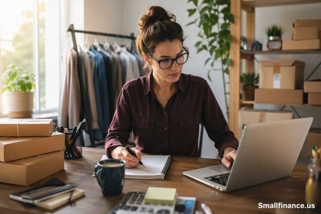 Woman working from home office managing a small online business with laptop, packages, and workspace setup
