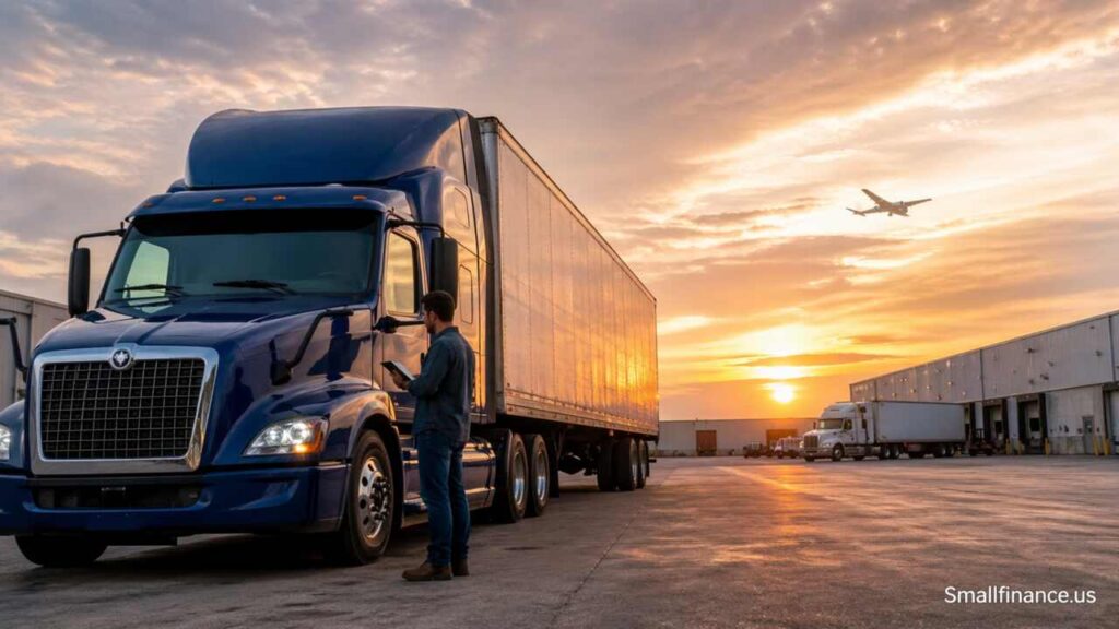 Trucking business startup with semi truck and logistics planning scene