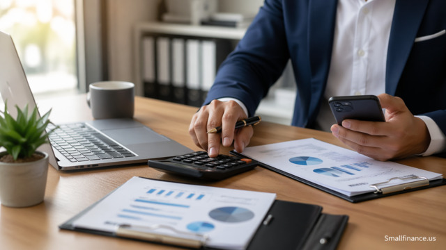 Business owner managing finances with calculator and documents