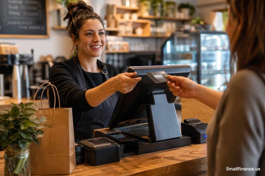 cash register POS system in a small business retail shop with cashier and customer
