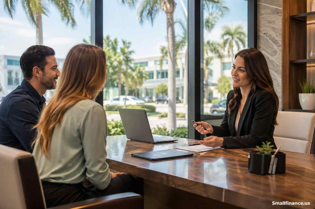 Small business owners discussing banking options with a financial advisor in a modern Florida office