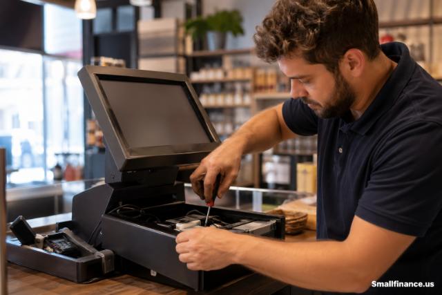 Technician repairing a modern cash register at a retail counter with tools visible.