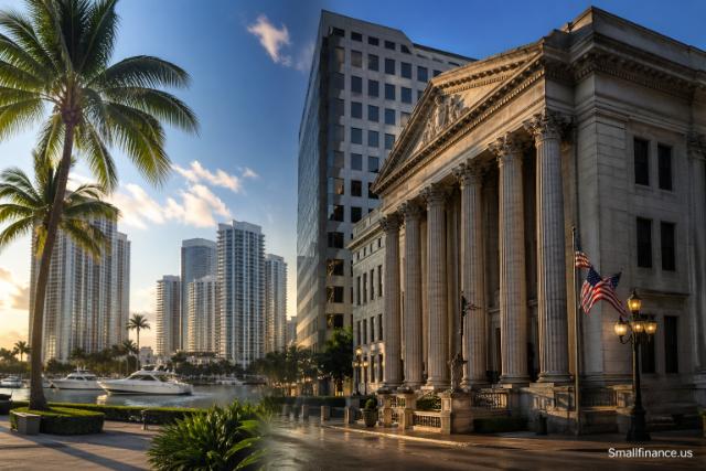 Split landscape scene showing a tropical waterfront city with palm trees and yachts on one side, and a grand neoclassical bank building with columns on the other, in warm sunlight.