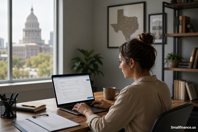 Woman working on a laptop in a bright modern office.