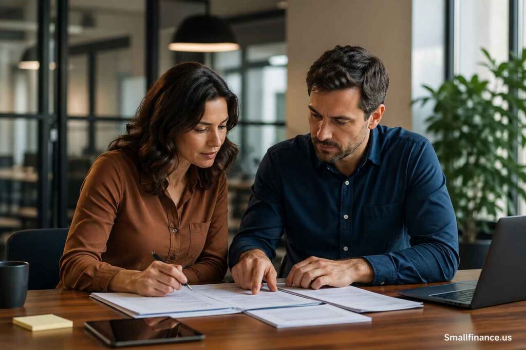 Two professionals reviewing business documents in a modern office, representing decision-making between LLC and sole proprietorship.