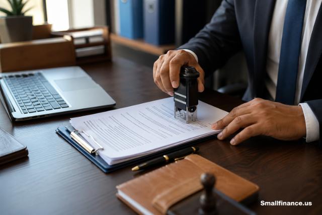 Professional stamping documents on a desk in a modern office.