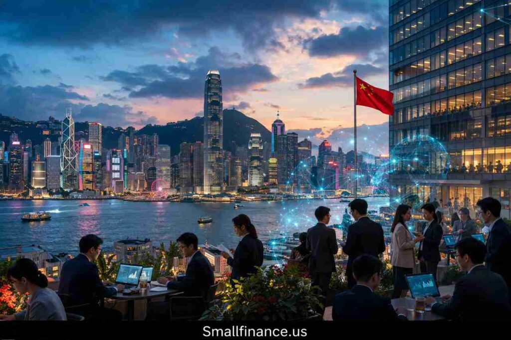 Why Tech Companies From China Want To Set Up Shop In Hong Kong So Quickly Chinese tech professionals working in Hong Kong skyline overlooking Victoria Harbour with digital network overlay