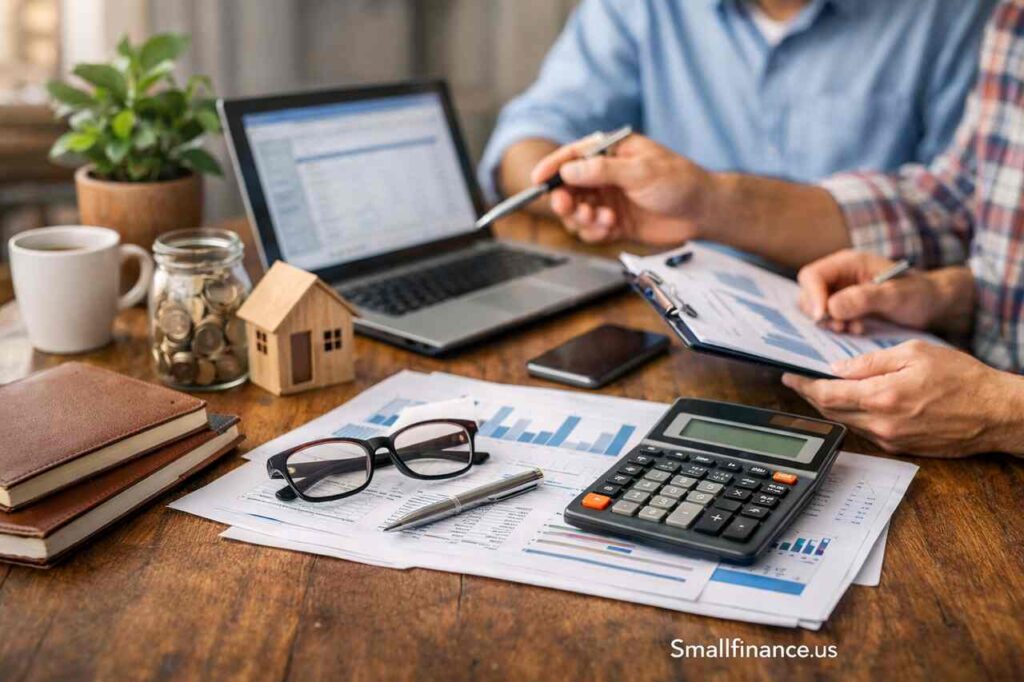 Small business accountants analyzing financial reports with calculator, laptop, and documents on desk
