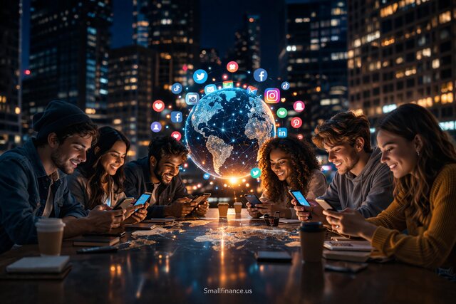 Group of young adults using smartphones around a glowing digital globe with social media icons in a night city setting, representing global connectivity and internet culture.