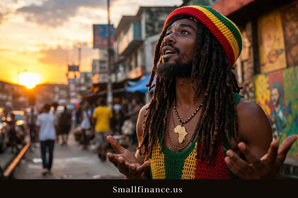 Young man with dreadlocks in a Rasta-style beanie standing on a busy street at sunset with warm lighting.