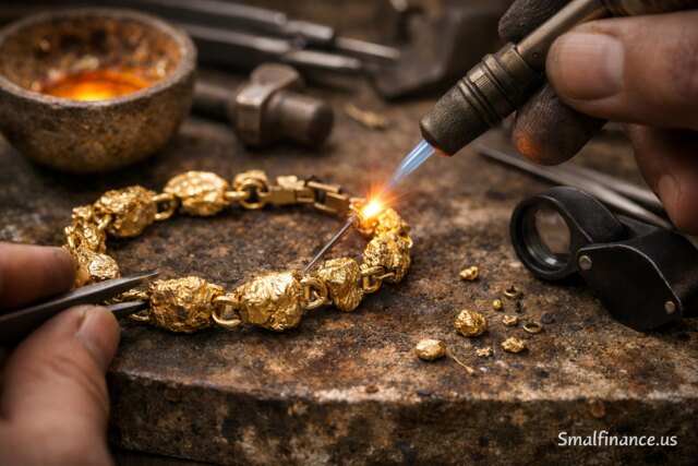 Jeweler crafting gold nugget bracelet with tools