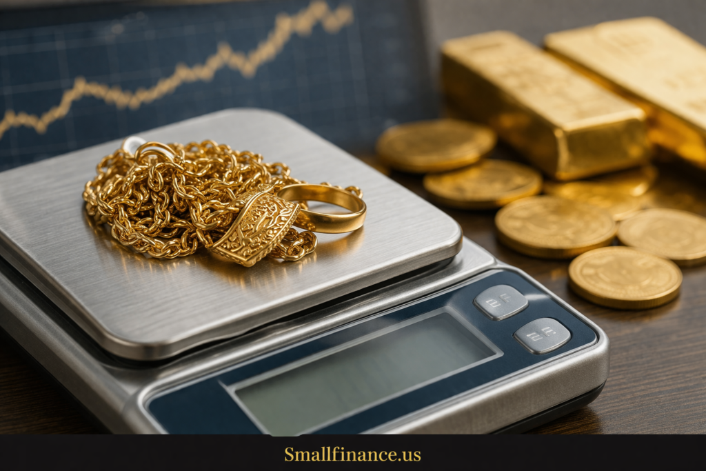 How Much Is 2.5 Grams of Gold Worth: Accurate Value Calculation and Price Factors Gold jewelry placed on a digital scale with gold coins and bars in the background.