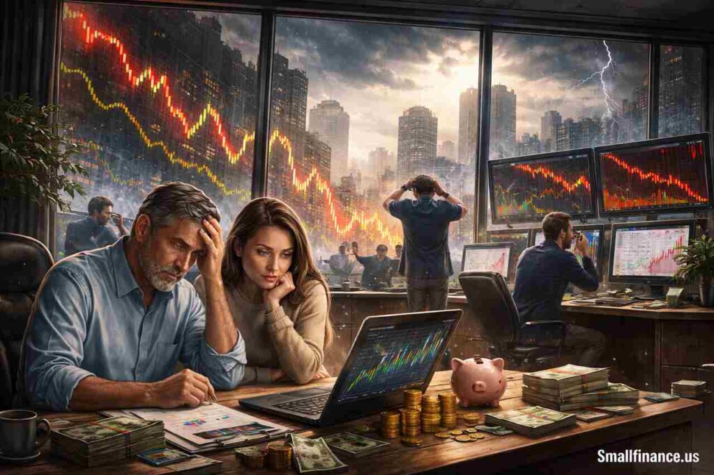 Traders Say That The Stock Market Will Have A “Choppy, Bumpy Ride” in 2026 A worried couple analyzing investments during a volatile stock market with falling charts and financial stress in a modern office
