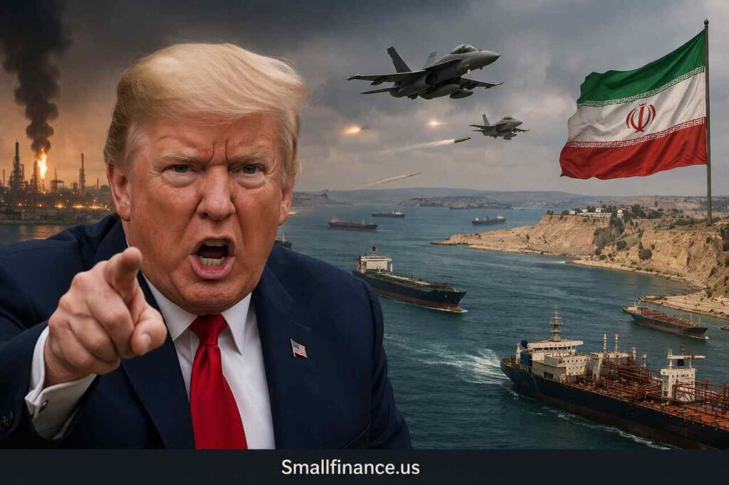 Trump Threatens Iran With Profanity Over The Closure Of The Hormuz Strait Donald Trump angrily pointing with Strait of Hormuz, oil tankers, fighter jets, and Iran flag in background