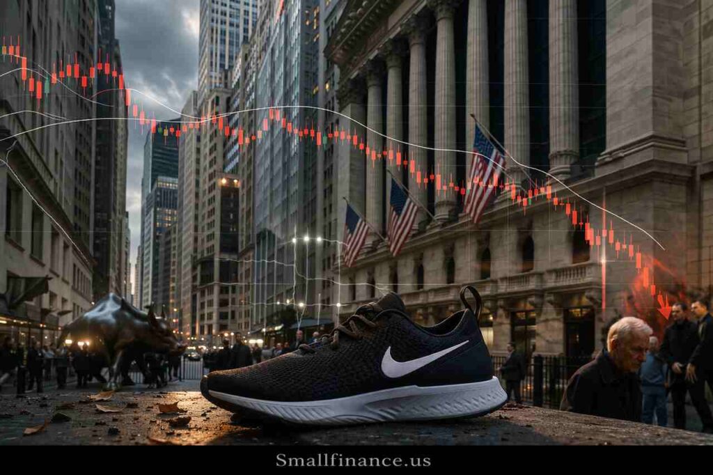 Wall Street Grows Impatient With Nike As The Company’s Comeback Stalls And China’s Vulnerability Worsens Nike sneaker with Wall Street background and falling stock chart representing investor concerns and declining market confidence